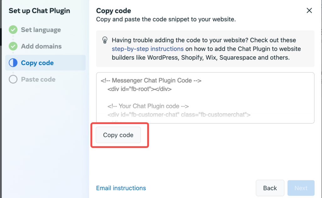 Trước tiên tại mục "Copy code" bạn hãy bấm vào nút "Copy code" như hình. Sau đó nút "Next" sẽ được hiện sáng lên và bấm vào nút "Next".