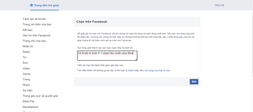 Hình: Gửi kháng cáo đến Facebook
Nguồn: Internet