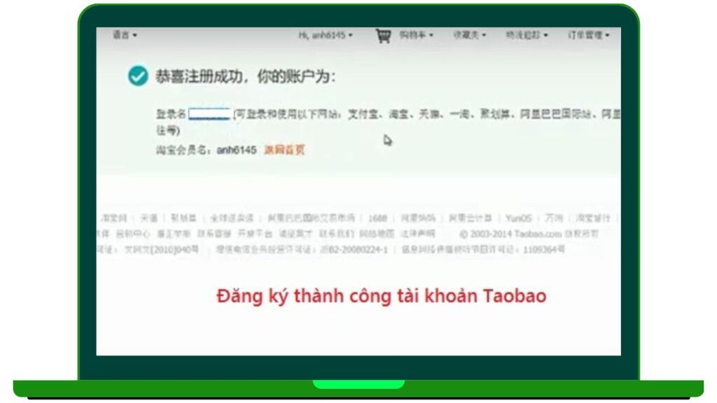Hình: Hoàn thành đăng ký Taobao
Nguồn: Internet