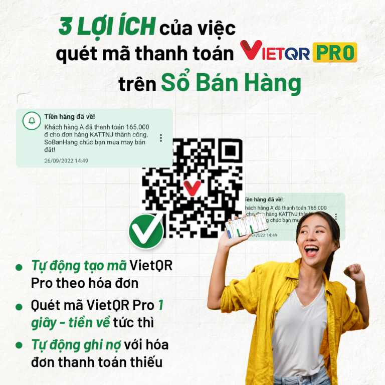 Thanh toán không tiền mặt bằng mã VietQR Pro trên Sổ Bán Hàng.