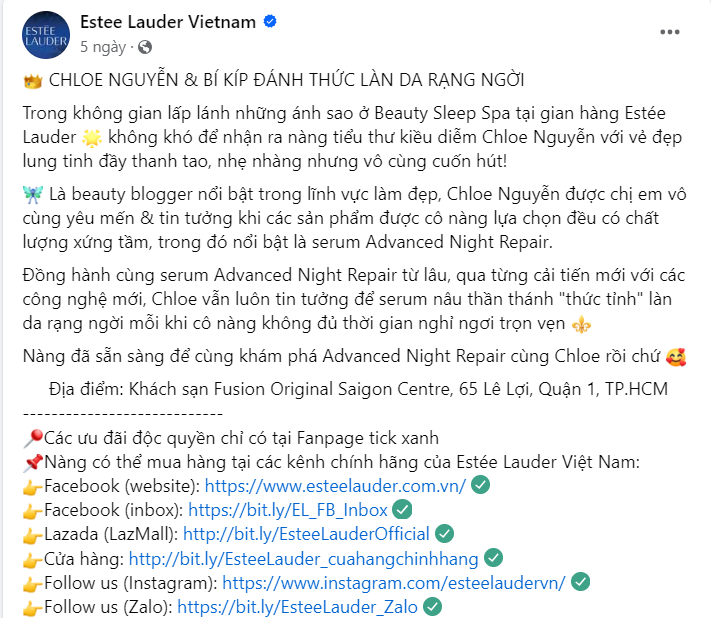 Hình: Stt kể về câu chuyện làm đẹp
Nguồn: Estee Lauder Vietnam
