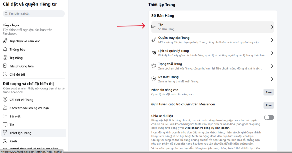 đổi tên page facebook