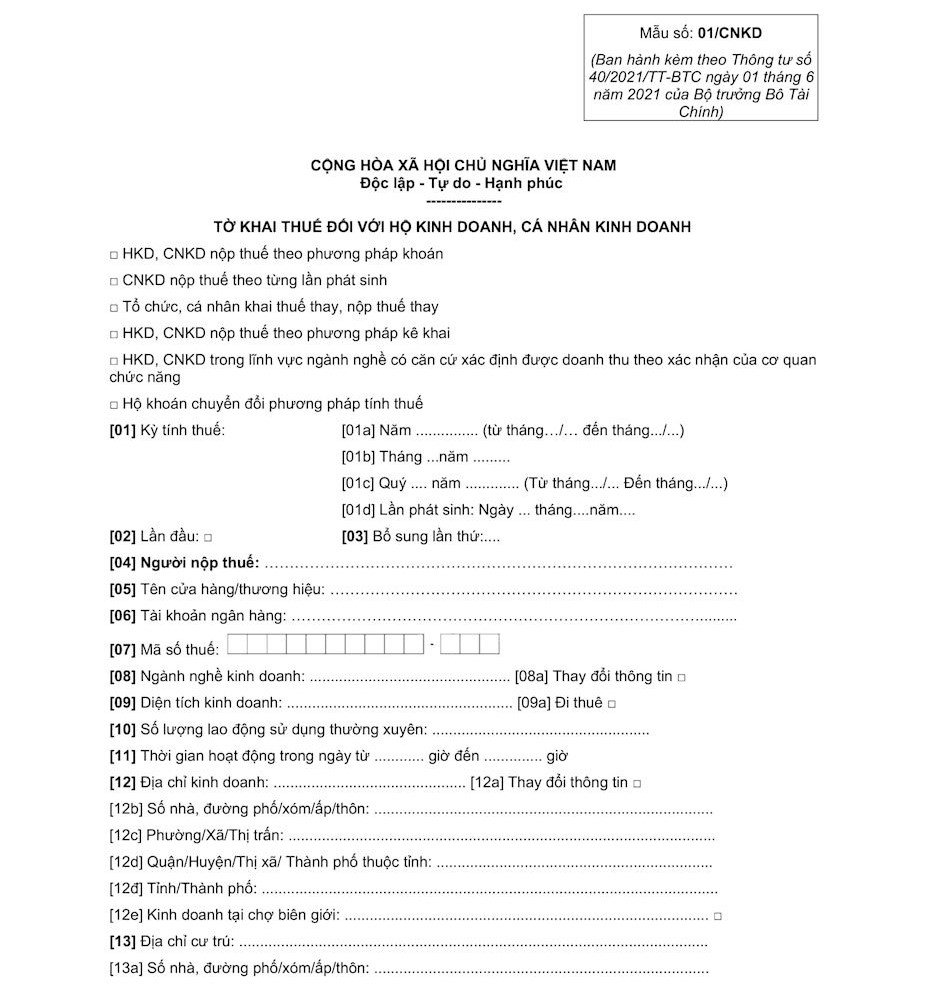 Mẫu tờ khai thuế hộ kinh doanh
