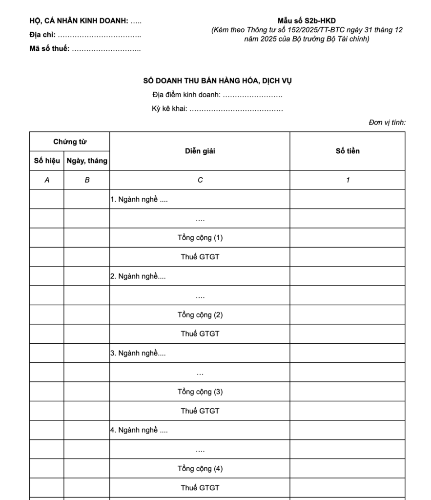 Sổ doanh thu bán hàng hóa, dịch vụ - Mẫu số S2b-HKD