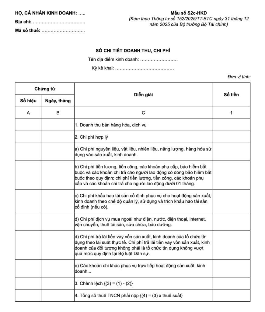 Sổ chi tiết doanh thu, chi phí - Mẫu số S2c-HKD