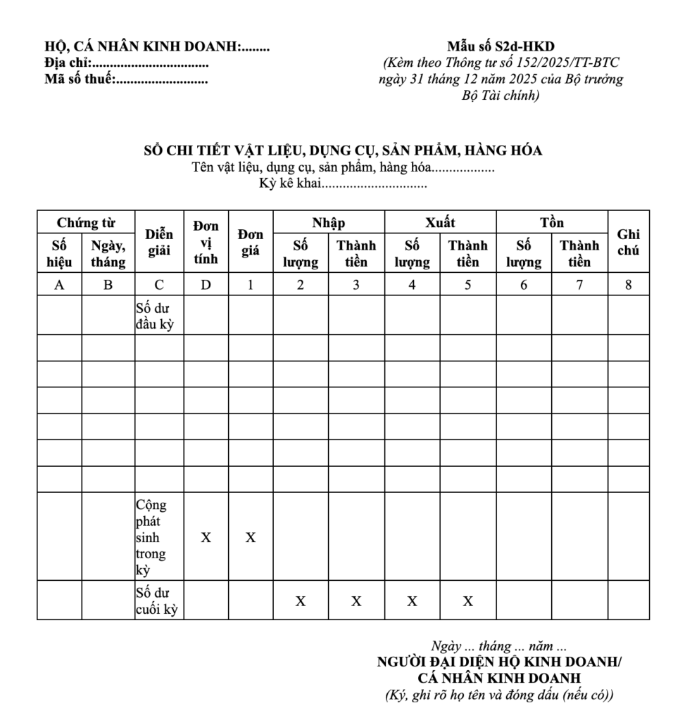 Sổ chi tiết vật liệu, dụng cụ, sản phẩm, hàng hóa - Mẫu số S2d-HKD