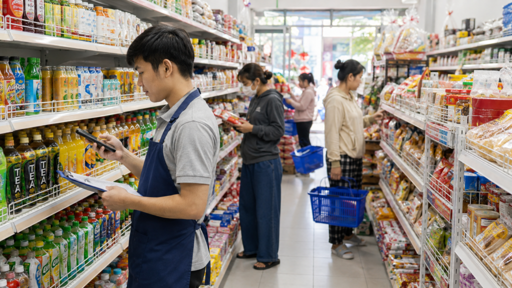 nhân viên sắp xếp hàng hóa quản lý nhập hàng tạp hóa