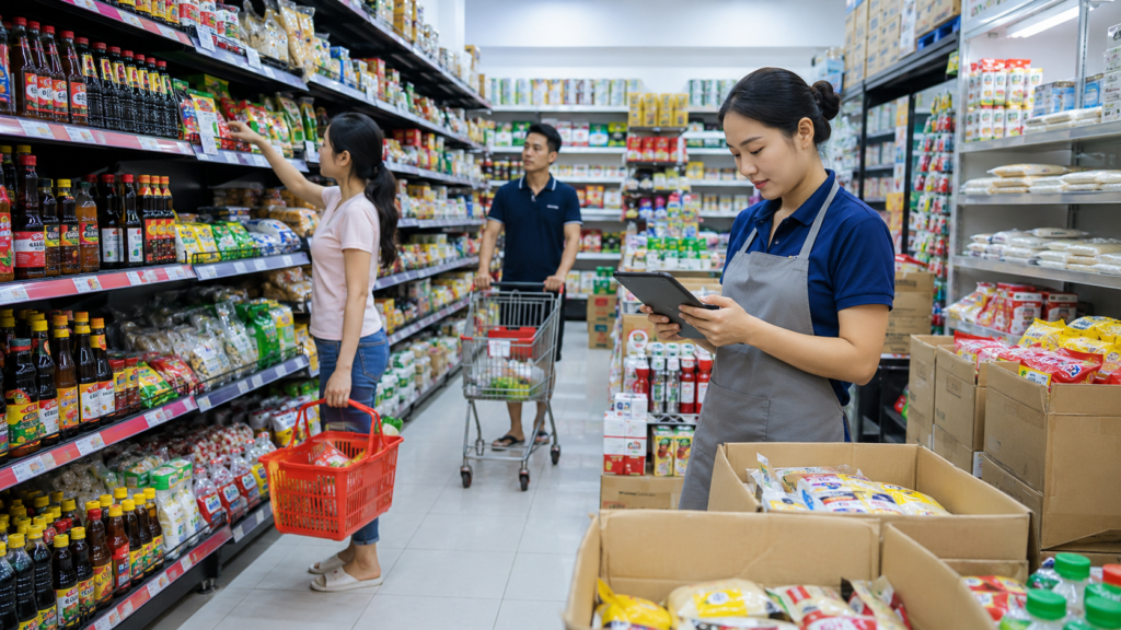 nhân viên sắp xếp hàng hóa quản lý nhập hàng tạp hóa